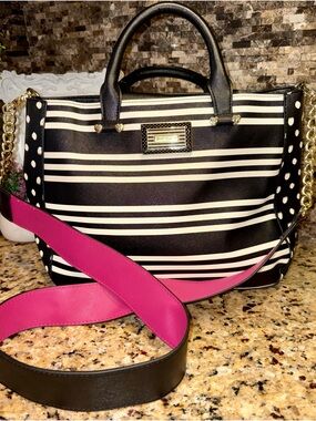 Betsey Johnson Black and White Striped Satchel with Pink Strap